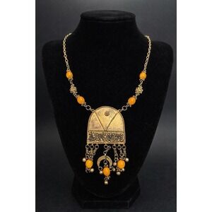 VTG Ethnic Filigree Pendant Necklace Amber Beads Dangle Boho Tribal Statement